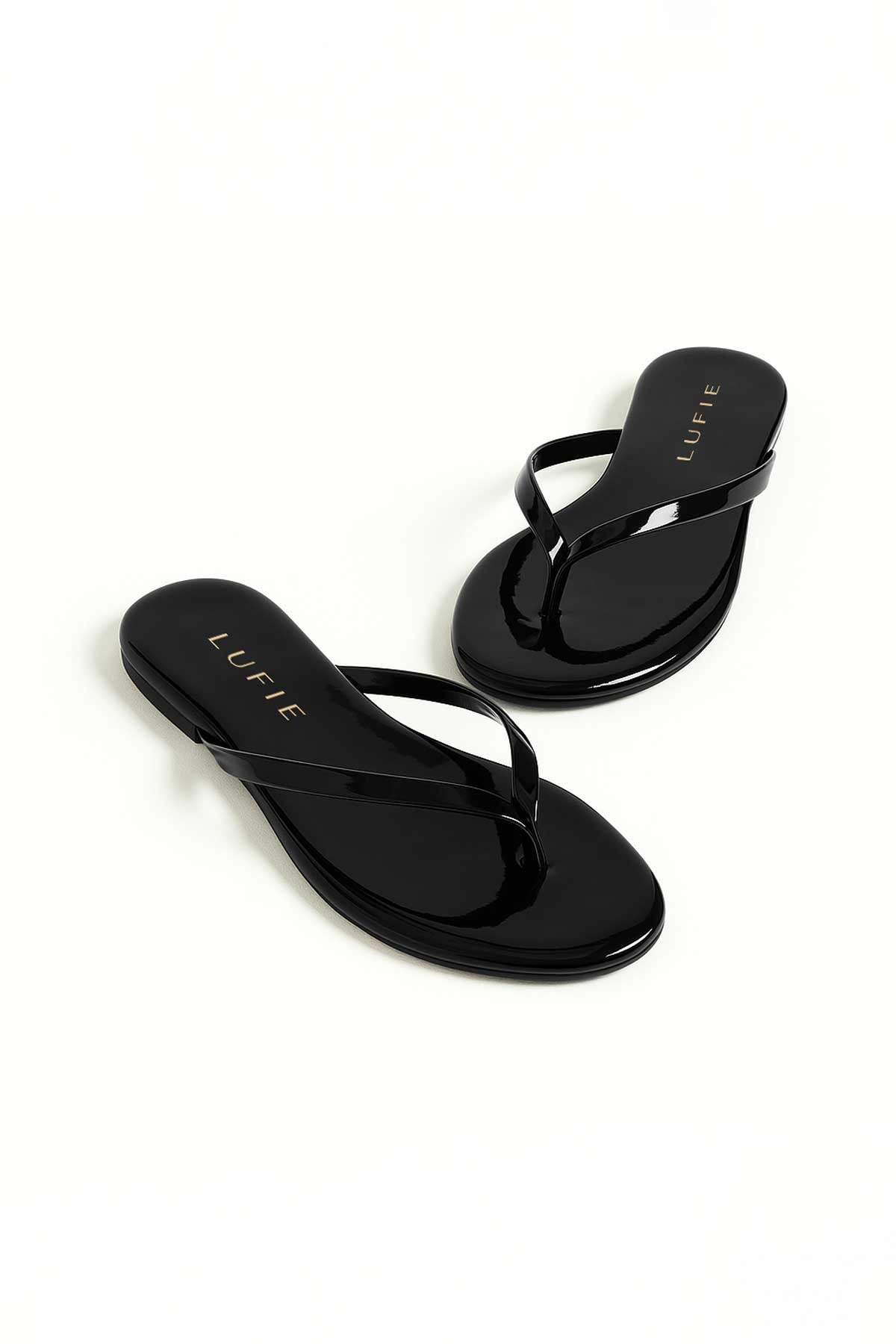 Lufie Essential Patent Black Flat Flip Flop Brown Sandal +Comfort