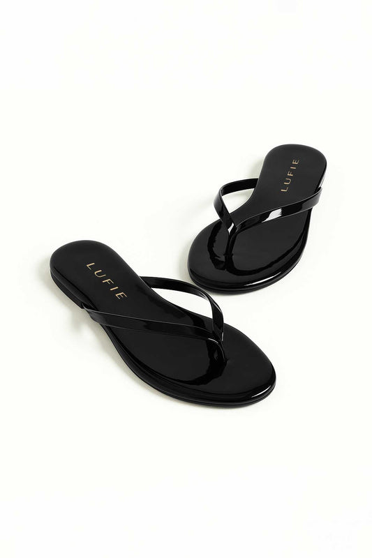 Lufie Essential Patent Black Flat Flip Flop Brown Sandal +Comfort