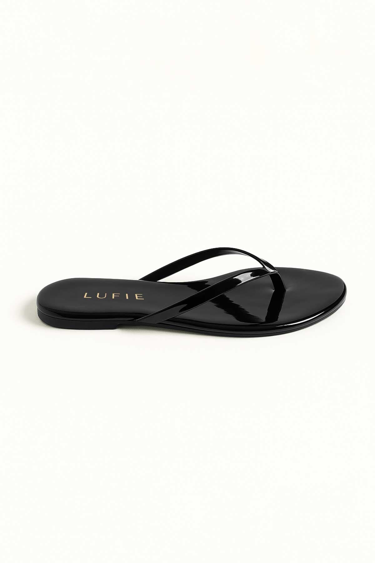 Lufie Essential Patent Black Flat Flip Flop Brown Sandal +Comfort